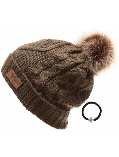 ANGELA & WILLIAM Women's Winter Fleece Lined Cable Knitted Pom Pom Beanie Hat with Hair Tie.