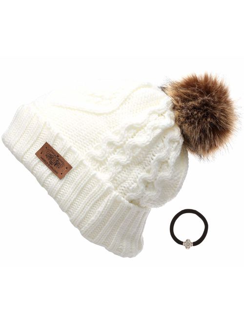 ANGELA & WILLIAM Women's Winter Fleece Lined Cable Knitted Pom Pom Beanie Hat with Hair Tie.