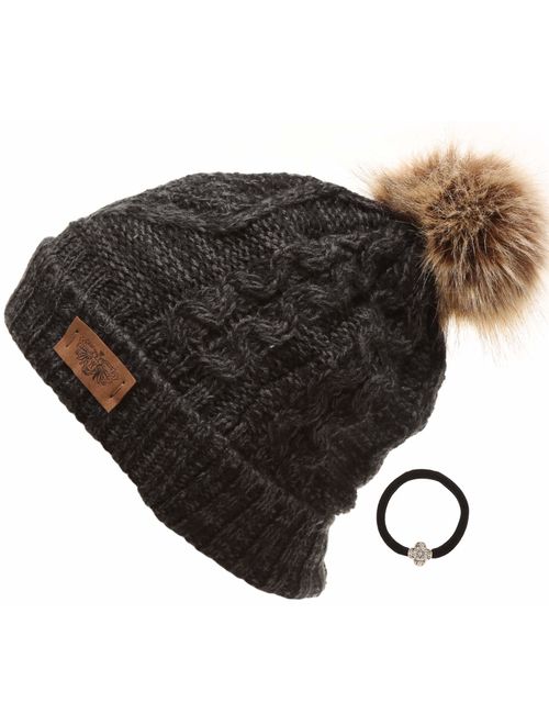 ANGELA & WILLIAM Women's Winter Fleece Lined Cable Knitted Pom Pom Beanie Hat with Hair Tie.