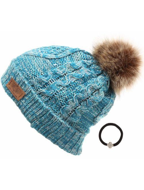 ANGELA & WILLIAM Women's Winter Fleece Lined Cable Knitted Pom Pom Beanie Hat with Hair Tie.