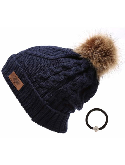 ANGELA & WILLIAM Women's Winter Fleece Lined Cable Knitted Pom Pom Beanie Hat with Hair Tie.