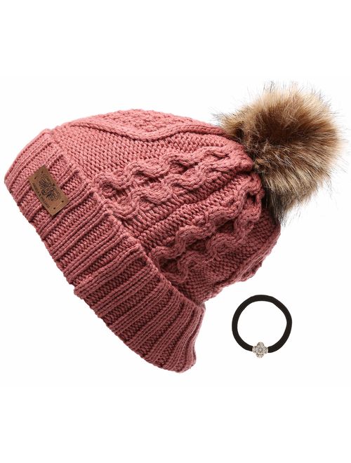 ANGELA & WILLIAM Women's Winter Fleece Lined Cable Knitted Pom Pom Beanie Hat with Hair Tie.