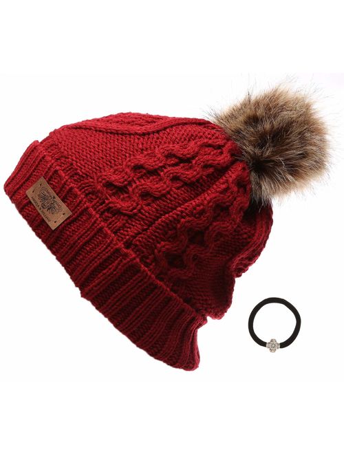 ANGELA & WILLIAM Women's Winter Fleece Lined Cable Knitted Pom Pom Beanie Hat with Hair Tie.