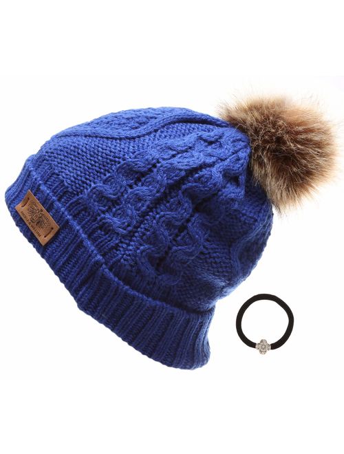 ANGELA & WILLIAM Women's Winter Fleece Lined Cable Knitted Pom Pom Beanie Hat with Hair Tie.