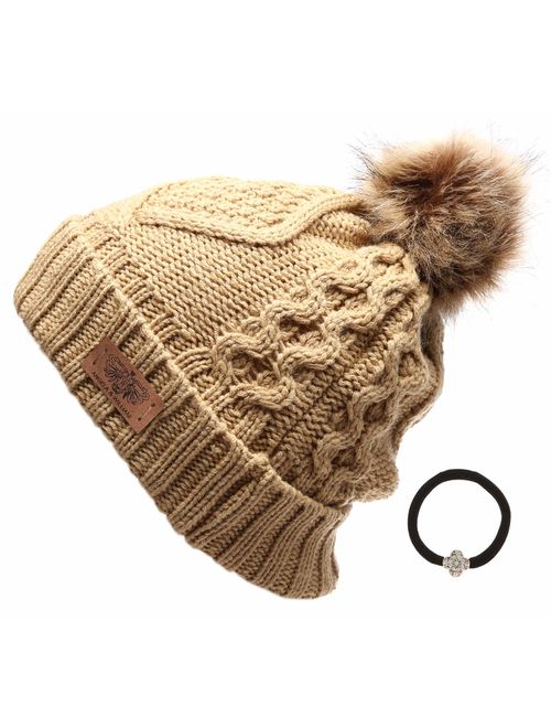 ANGELA & WILLIAM Women's Winter Fleece Lined Cable Knitted Pom Pom Beanie Hat with Hair Tie.