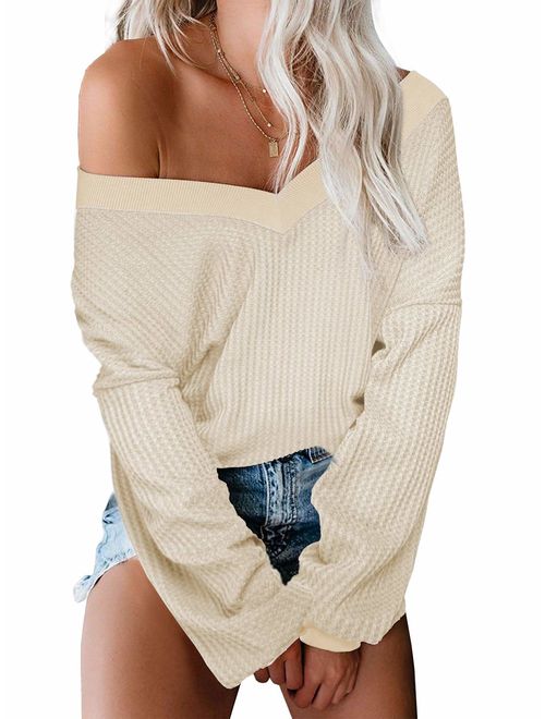 Albe Rita Women's Casual V-Neck Off Shoulder Batwing Sleeve Pullover Tops