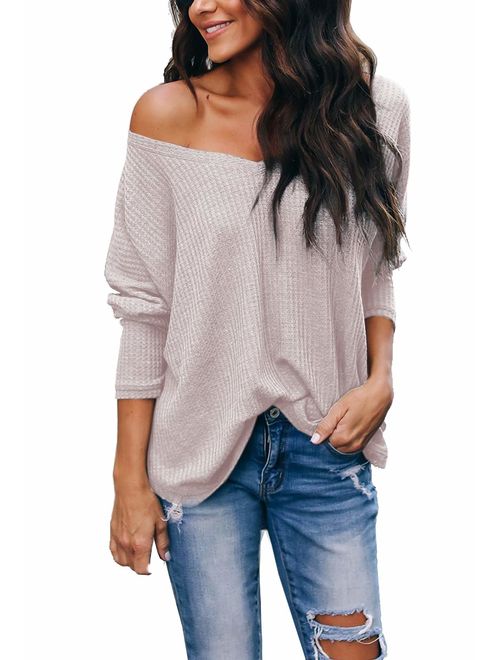 Albe Rita Women's Casual V-Neck Off Shoulder Batwing Sleeve Pullover Tops