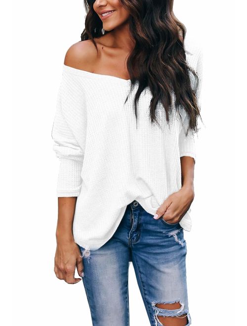 Albe Rita Women's Casual V-Neck Off Shoulder Batwing Sleeve Pullover Tops