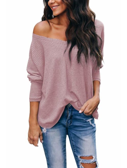 Albe Rita Women's Casual V-Neck Off Shoulder Batwing Sleeve Pullover Tops