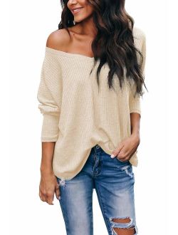 Albe Rita Women's Casual V-Neck Off Shoulder Batwing Sleeve Pullover Tops,Apricot,M