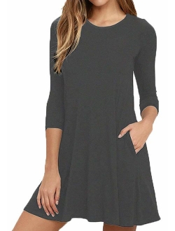 VIISHOW Womens Round Neck 3/4 Sleeves A-line Casual Tshirt Dress with Pocket