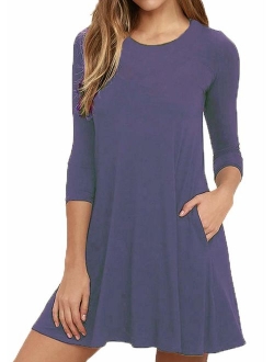 VIISHOW Womens Round Neck 3/4 Sleeves A-line Casual Tshirt Dress with Pocket