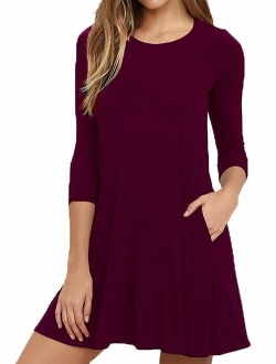 VIISHOW Womens Round Neck 3/4 Sleeves A-line Casual Tshirt Dress with Pocket