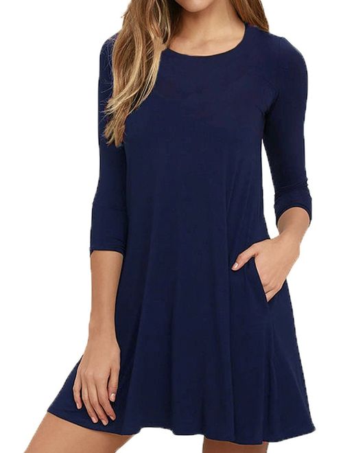 VIISHOW Womens Round Neck 3/4 Sleeves A-line Casual Tshirt Dress with Pocket