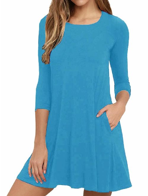 VIISHOW Womens Round Neck 3/4 Sleeves A-line Casual Tshirt Dress with Pocket