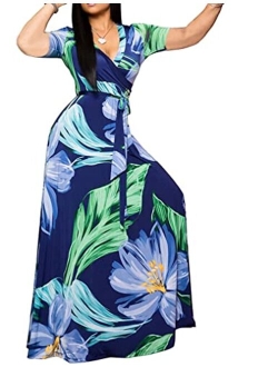 Locryz Women's V Neck 3/4 Sleeve Digital Floral Printed Party Loose Long Maxi Dress with Belt S-3XL