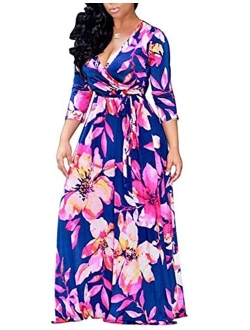 Locryz Women's V Neck 3/4 Sleeve Digital Floral Printed Party Loose Long Maxi Dress with Belt S-3XL