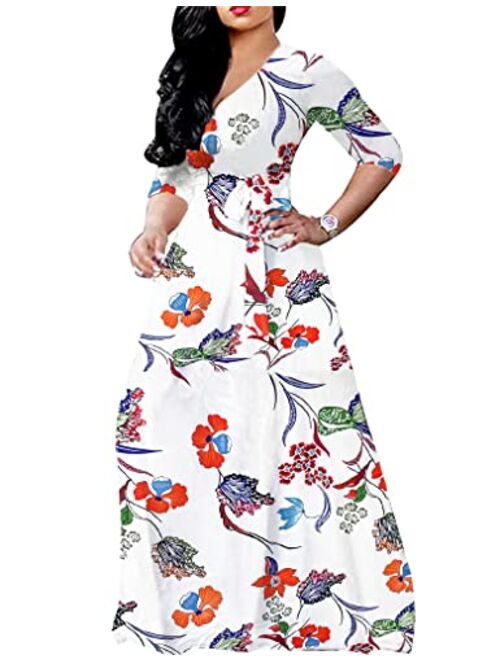 Locryz Women's V Neck 3/4 Sleeve Digital Floral Printed Party Loose Long Maxi Dress with Belt S-3XL