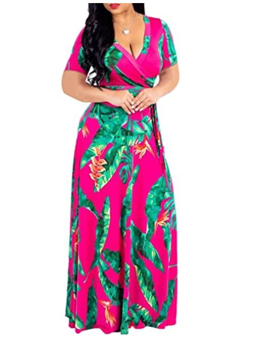 Locryz Women's V Neck 3/4 Sleeve Digital Floral Printed Party Loose Long Maxi Dress with Belt S-3XL