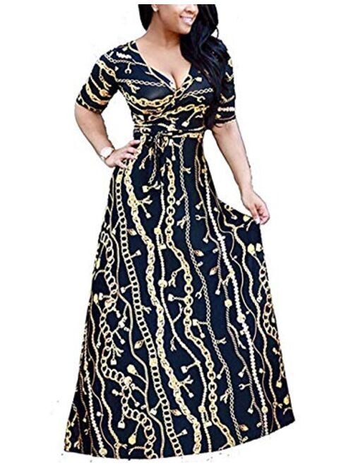 Locryz Women's V Neck 3/4 Sleeve Digital Floral Printed Party Loose Long Maxi Dress with Belt S-3XL