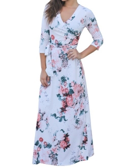 Farktop Women's V Neck Long Sleeves Digital Graffiti Printed Prom Party Maxi Long Dress with Belt