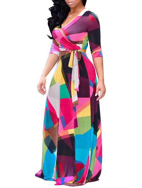 Farktop Women's V Neck Long Sleeves Digital Graffiti Printed Prom Party Maxi Long Dress with Belt