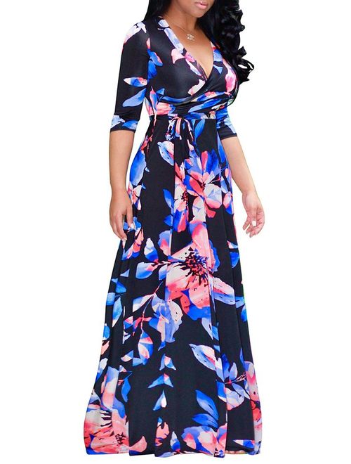 Farktop Women's V Neck Long Sleeves Digital Graffiti Printed Prom Party Maxi Long Dress with Belt