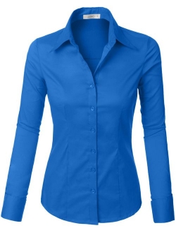 LE3NO Womens Tailored Long Sleeve Button Down Shirt with Stretch