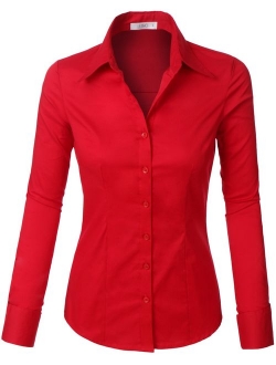 LE3NO Womens Tailored Long Sleeve Button Down Shirt with Stretch