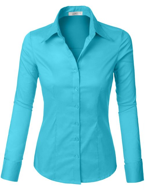 LE3NO Womens Tailored Long Sleeve Button Down Shirt with Stretch