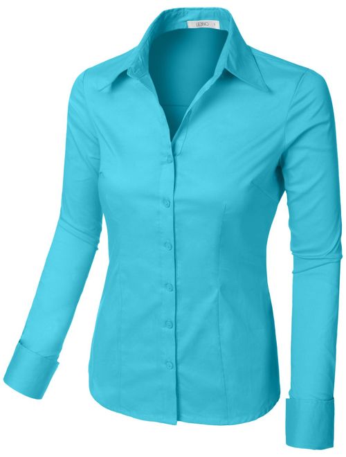 LE3NO Womens Tailored Long Sleeve Button Down Shirt with Stretch