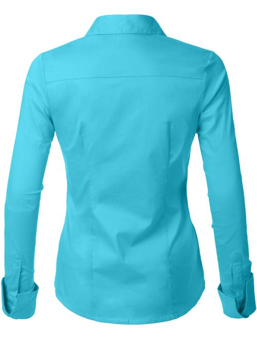 LE3NO Womens Tailored Long Sleeve Button Down Shirt with Stretch