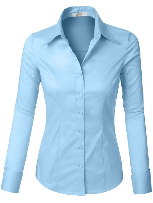 LE3NO Womens Tailored Long Sleeve Button Down Shirt with Stretch