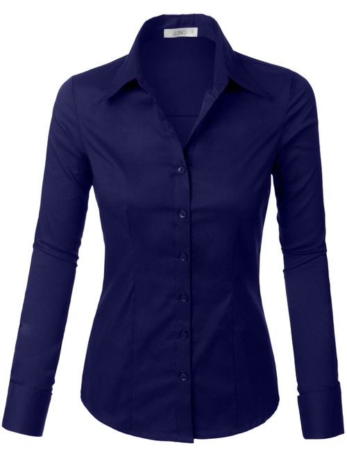 LE3NO Womens Tailored Long Sleeve Button Down Shirt with Stretch