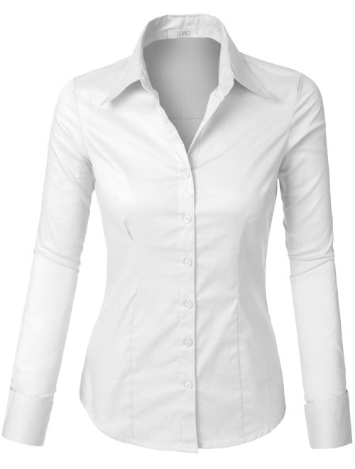 LE3NO Womens Tailored Long Sleeve Button Down Shirt with Stretch