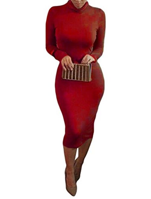 Laiyuan Women's Turtleneck Bodycon Midi Dress-Long Sleeve Sexy Wrap Slim Elasticity Club Dress