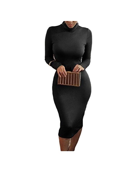 Laiyuan Women's Turtleneck Bodycon Midi Dress-Long Sleeve Sexy Wrap Slim Elasticity Club Dress