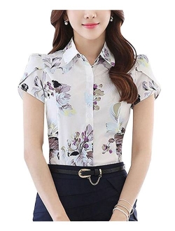 Double Plus Open DPO Women's Cotton Collared Pleated Button Down Shirt Short Sleeve Blouse