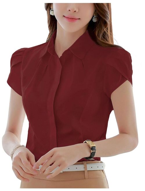 Double Plus Open DPO Women's Cotton Collared Pleated Button Down Shirt Short Sleeve Blouse