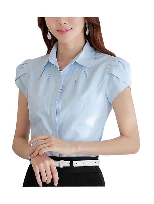 Double Plus Open DPO Women's Cotton Collared Pleated Button Down Shirt Short Sleeve Blouse