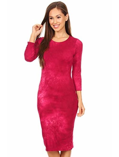 ICONOFLASH Women's 3/4 Sleeve Bodycon Midi Dress Crew Neck Fitted Dresses with Plus Size Options