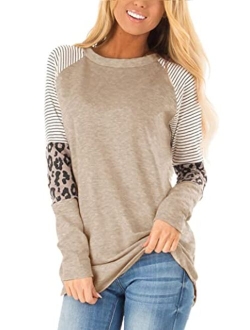 Floral Find Women's Long Sleeve Leopard Color Block Tunic Comfy Stripe Round Neck T Shirt Tops