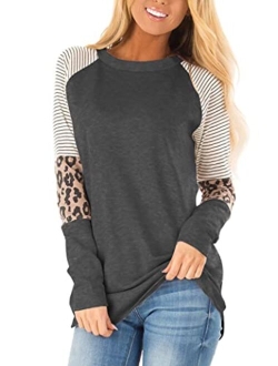 Floral Find Women's Long Sleeve Leopard Color Block Tunic Comfy Stripe Round Neck T Shirt Tops