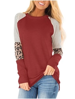 Floral Find Women's Long Sleeve Leopard Color Block Tunic Comfy Stripe Round Neck T Shirt Tops