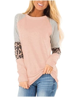 Floral Find Women's Long Sleeve Leopard Color Block Tunic Comfy Stripe Round Neck T Shirt Tops