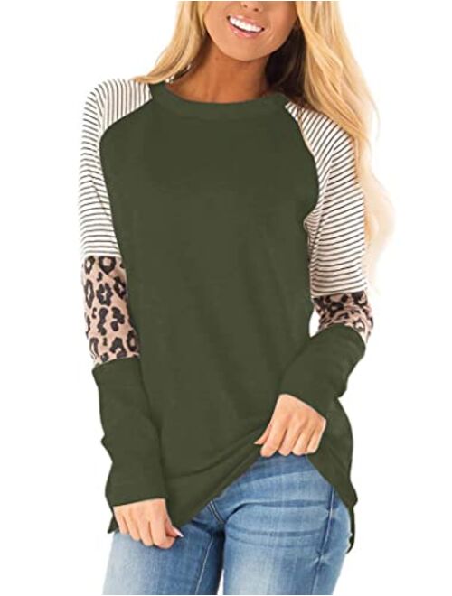 Floral Find Women's Long Sleeve Leopard Color Block Tunic Comfy Stripe Round Neck T Shirt Tops