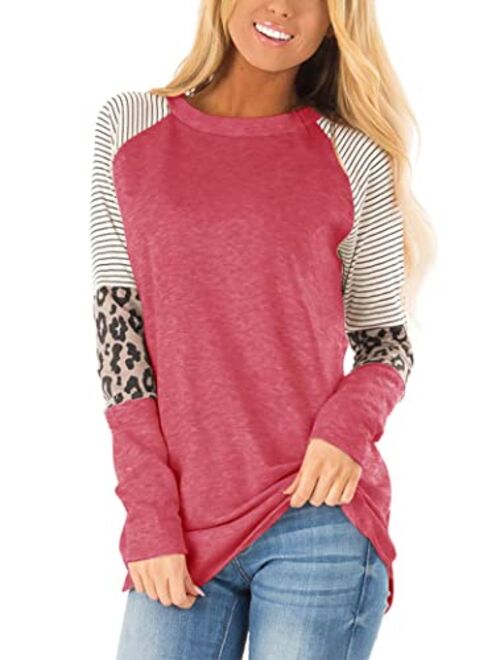 Floral Find Women's Long Sleeve Leopard Color Block Tunic Comfy Stripe Round Neck T Shirt Tops