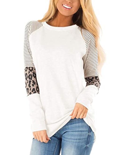 Floral Find Women's Long Sleeve Leopard Color Block Tunic Comfy Stripe Round Neck T Shirt Tops