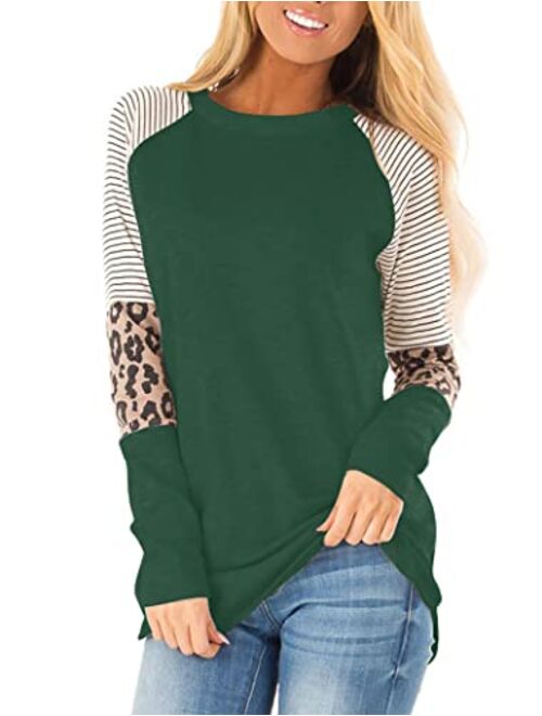 Floral Find Women's Long Sleeve Leopard Color Block Tunic Comfy Stripe Round Neck T Shirt Tops