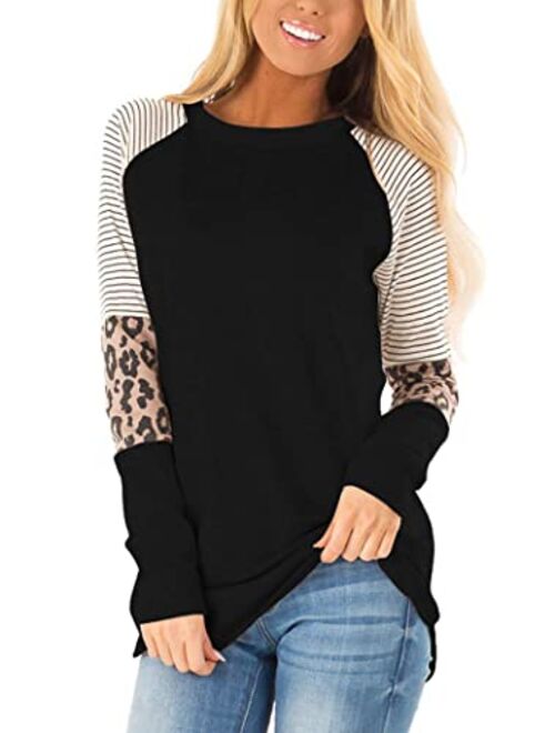 Floral Find Women's Long Sleeve Leopard Color Block Tunic Comfy Stripe Round Neck T Shirt Tops